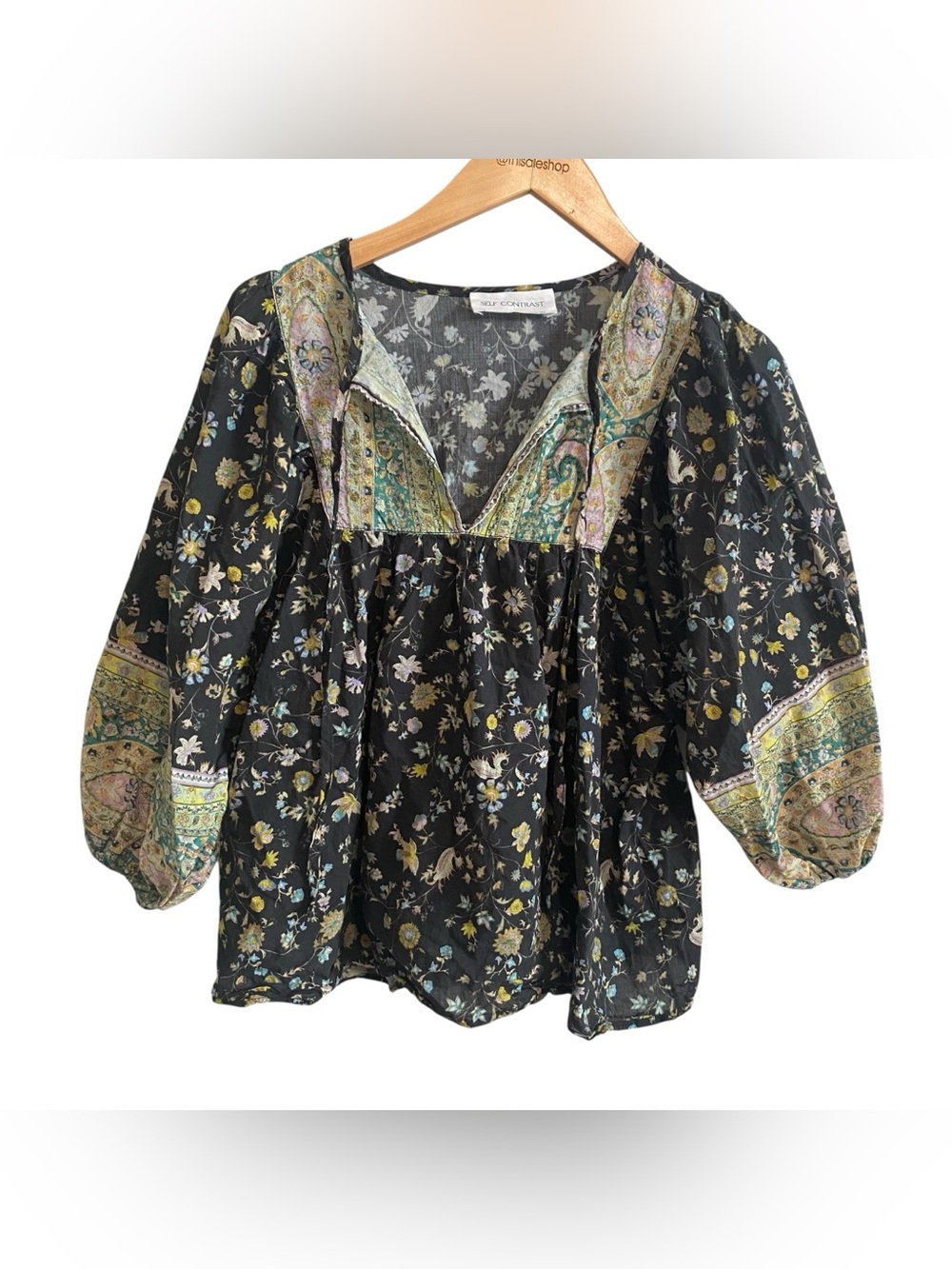 Self Contrast Lightweight Popover Cotton Floral Peasant Sleeve Top Size Medium